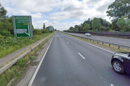 Car crashes off the A64 and ends on its roof near York