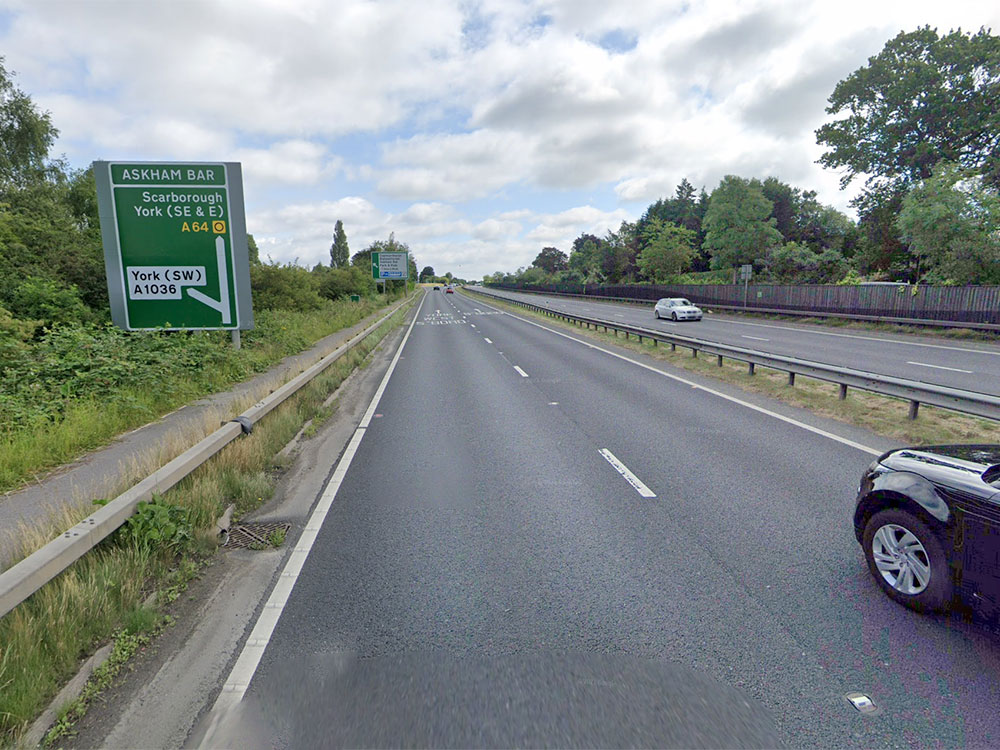 Car crashes off the A64 and ends on its roof near York
