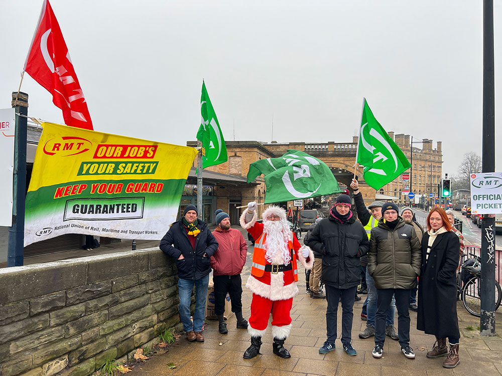 ‘We don’t do this lightly’: Santa joins striking York rail workers on the picket line