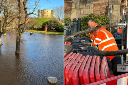 York council deploys flood defences as river levels expected to reach 4.3m