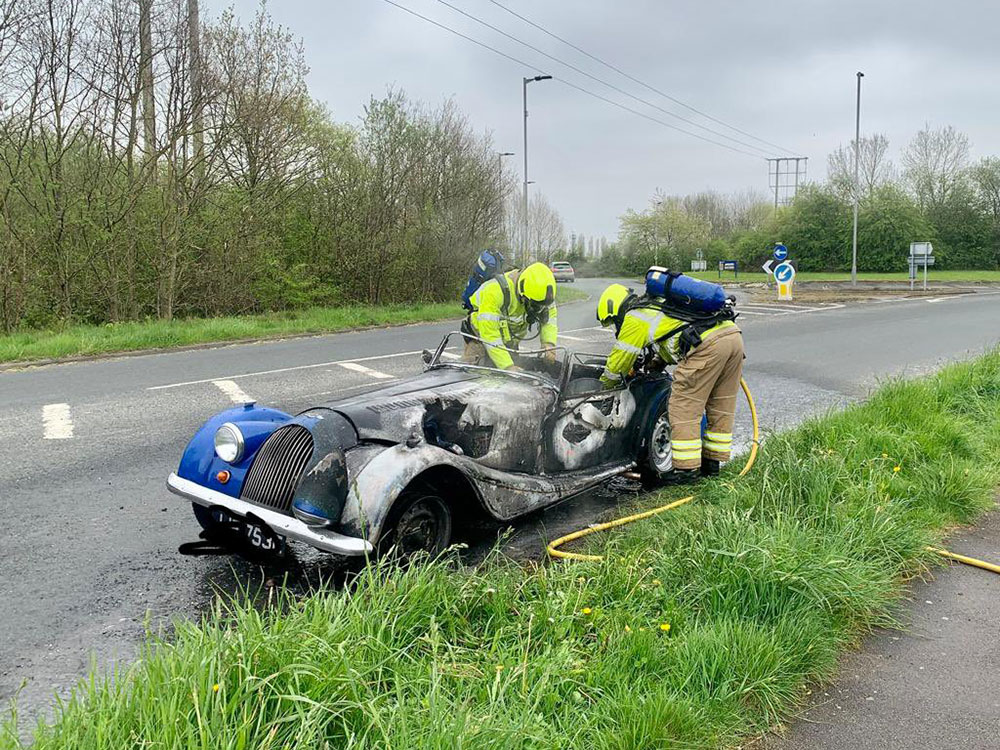 Classic car bursts into flames on it way to rally near York