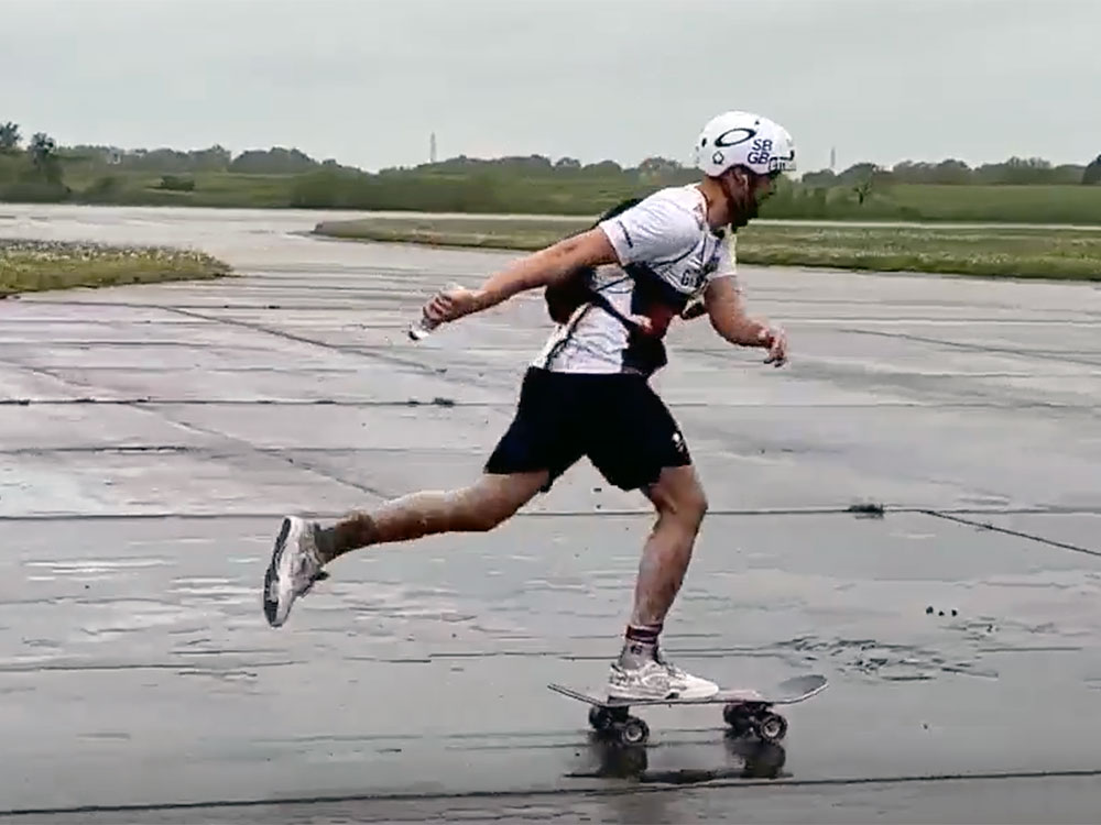 Ryan sets new British skateboarding record – despite a leg injury and battling 15mph winds