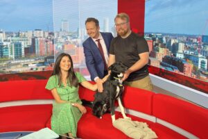 Ukrainian rescue dog delights TV viewers but he was a little nervous in the BBC canteen