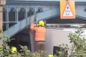Watch: Fire service called after motorhome gets stuck under York bridge