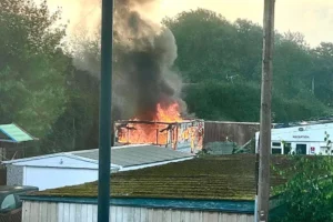 Pictures: Mobile home goes up in flames near busy Selby road