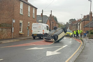Car ends up on its roof after crash in North Yorkshire village