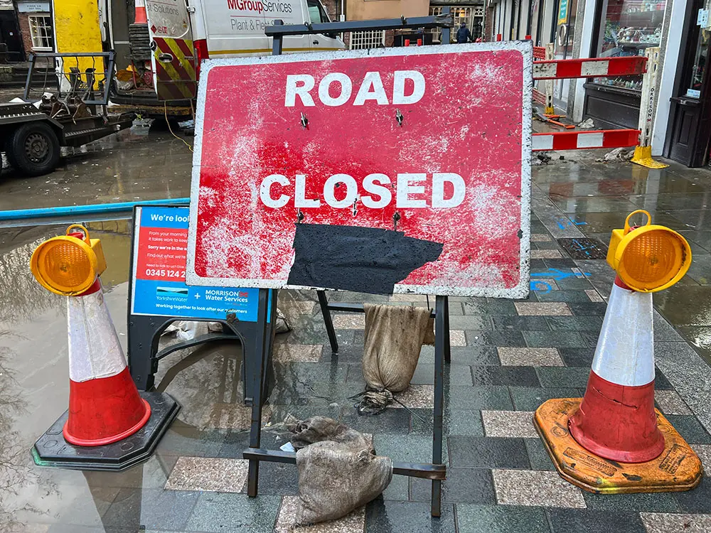 York city centre square hit by burst water main – basement flooded