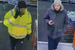 Two men walk off with an armchair from a Harrogate shop
