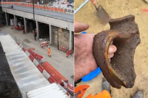 Human bone fragments and Victorian pavement found under York station