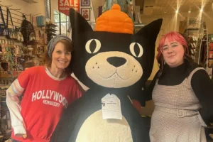 Giant cat drops into York shop as part of world tour