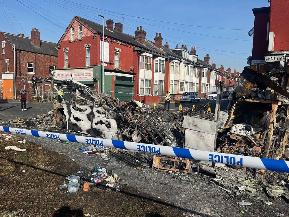 Home Secretary condemns Leeds ‘warzone’ after vehicles torched and police car overturned