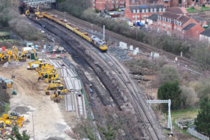 Drone shots show work taking place on the Transpennine rail route near York