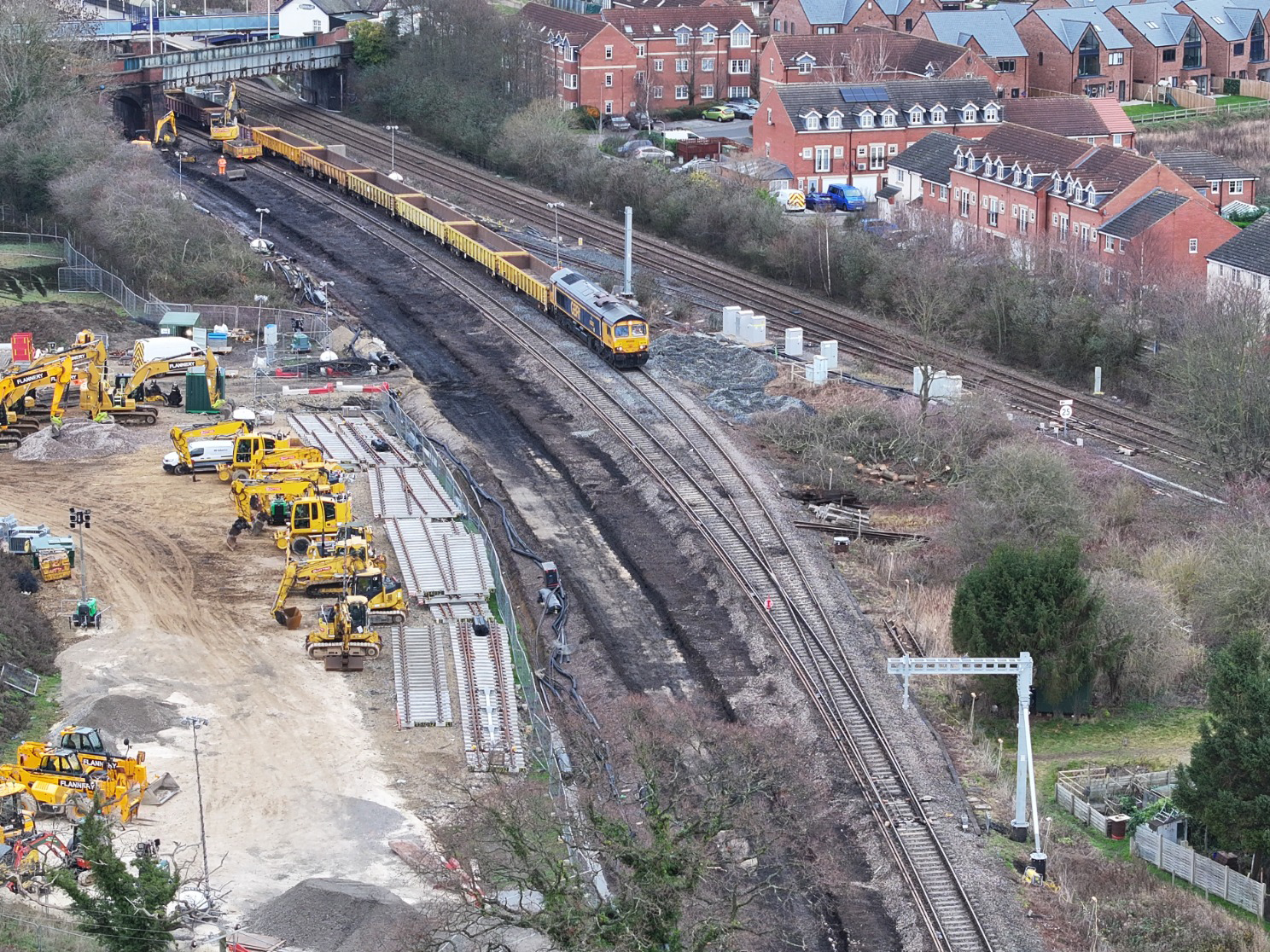 Drone shots show work taking place on the Transpennine rail route near York