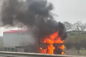 Pictured: Lorry bursts into flames on main North Yorkshire road