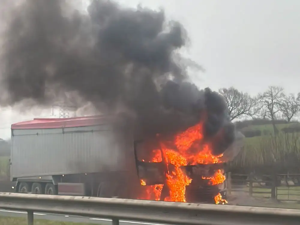 Pictured: Lorry bursts into flames on main North Yorkshire road