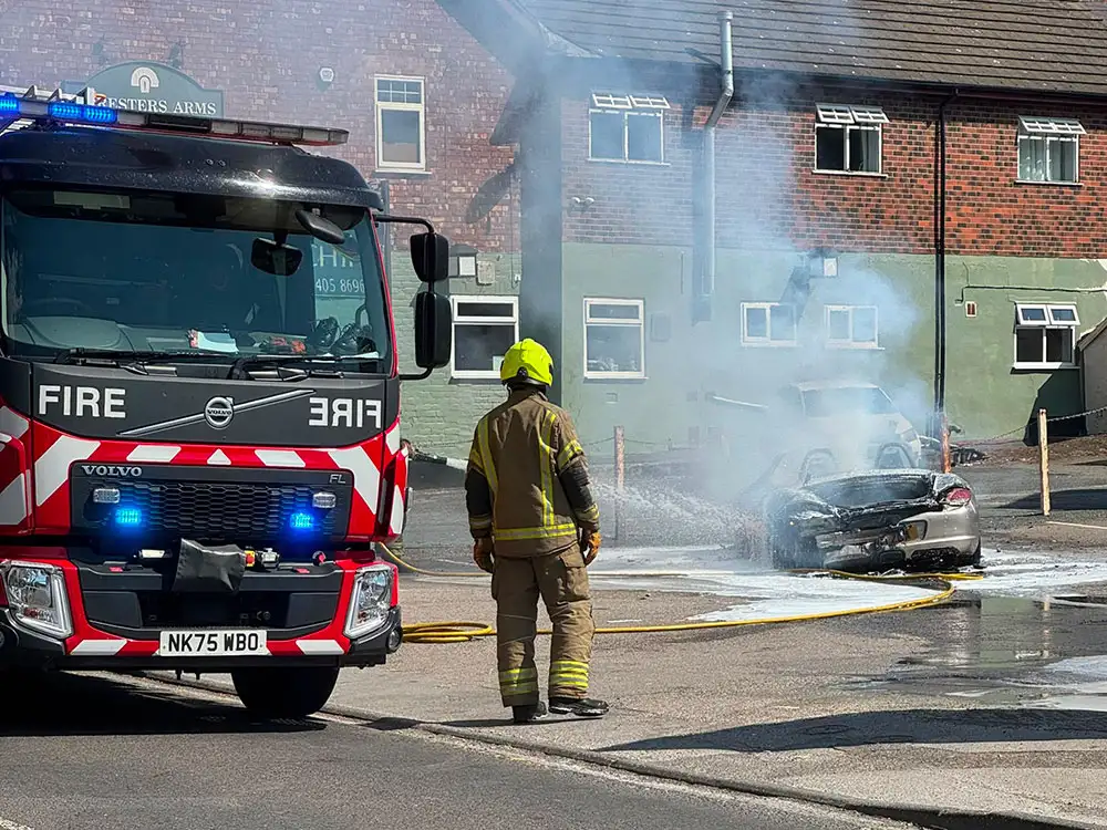 Porsche consumed by fire in North Yorkshire village – moments after driver gets out